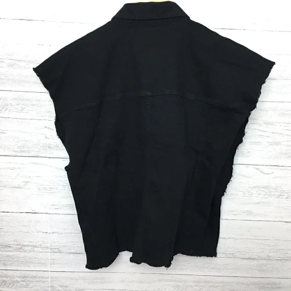 NEW Women With Control Black Denim Vest Sleeveless Button Front Stretchy Large